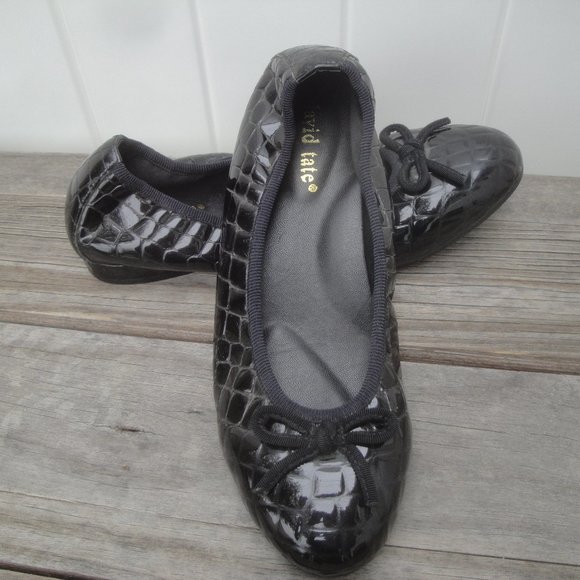 David Tate Glow Black Croc Ballet Flats Patent Leather Shoes Size 8WW - Picture 1 of 6